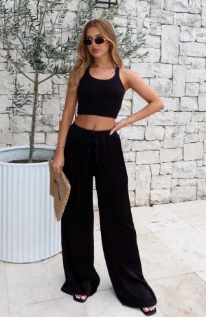 White Fox Catching Up Wide Leg Pants Black | AGQSKF-846