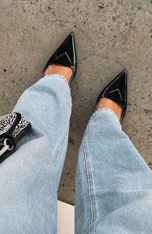 White Fox Georgie Slingback Heels Black Smooth | QJZKXI-283