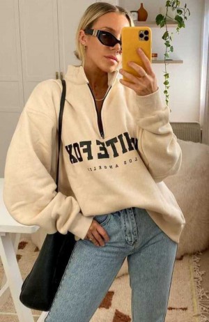 White Fox High Standard Zip Front Sweater Sand | GKSMNQ-605