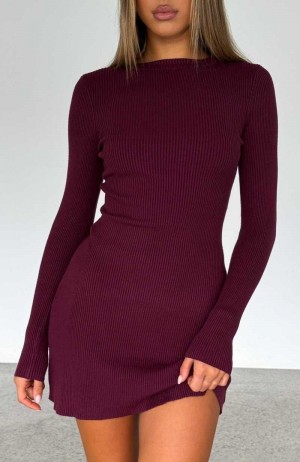 White Fox Let's Be Together Long Sleeve Mini Dress Dark Merlot | MEPIJO-095