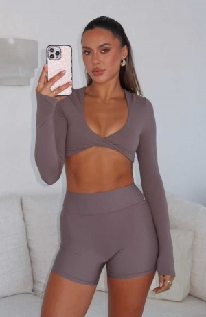 White Fox Over The Line Long Sleeve Crop Cocoa | ZFJLQV-745