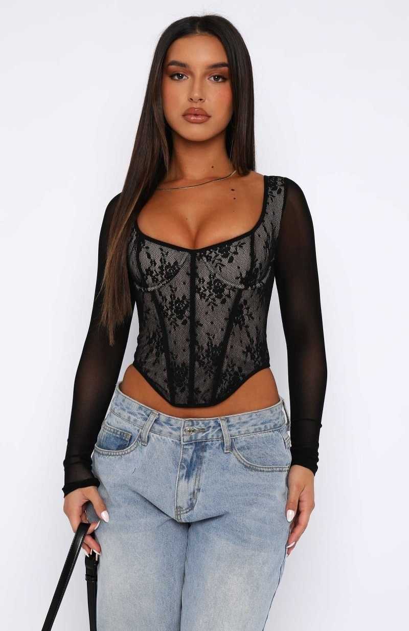 White Fox A Good Night Lace Long Sleeve Bustier Black | OUJTKX-527