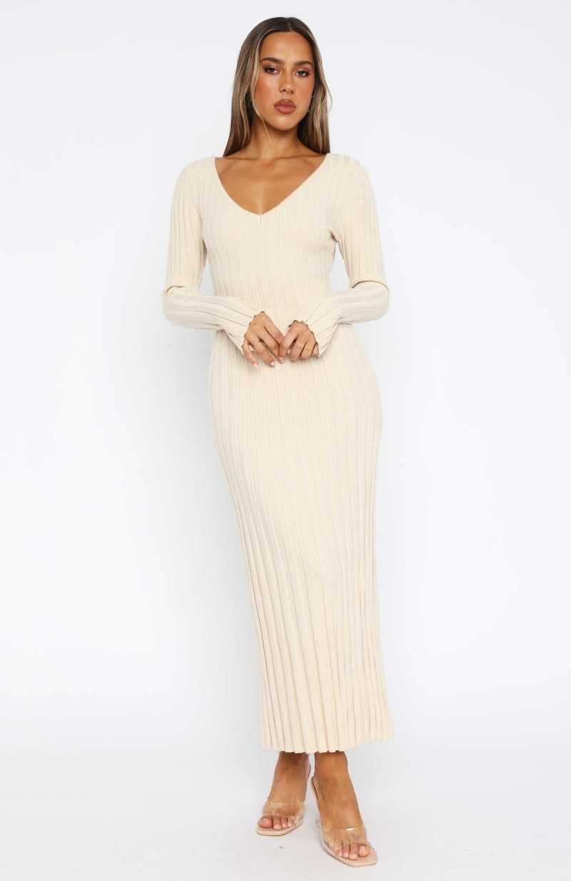 White Fox A New Direction Long Sleeve Maxi Dress Oat | AYPKIH-127
