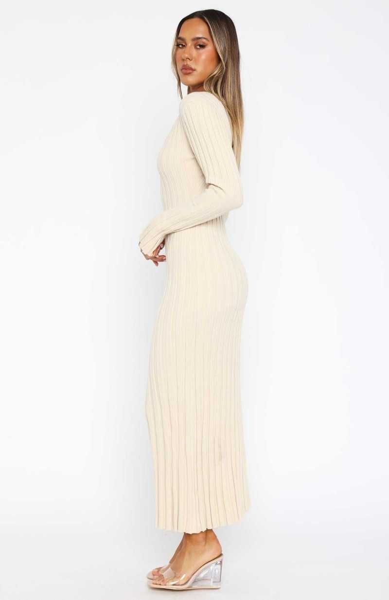 White Fox A New Direction Long Sleeve Maxi Dress Oat | AYPKIH-127