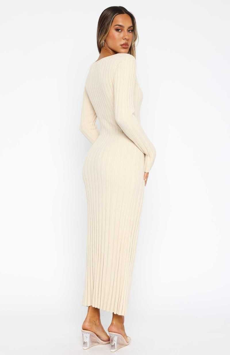 White Fox A New Direction Long Sleeve Maxi Dress Oat | AYPKIH-127