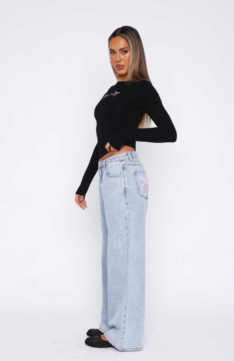 White Fox About A Girl Mid Rise Wide Leg Jeans Mid Blue | HNYRVT-618