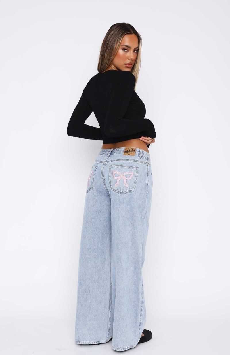 White Fox About A Girl Mid Rise Wide Leg Jeans Mid Blue | HNYRVT-618