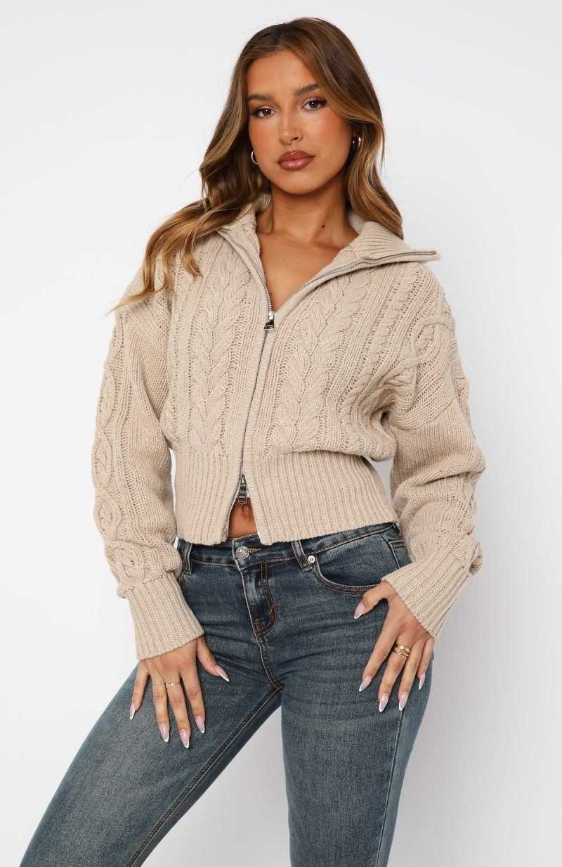 White Fox All At Once Zip Front Knit Sweater Oat | GOBTLD-863