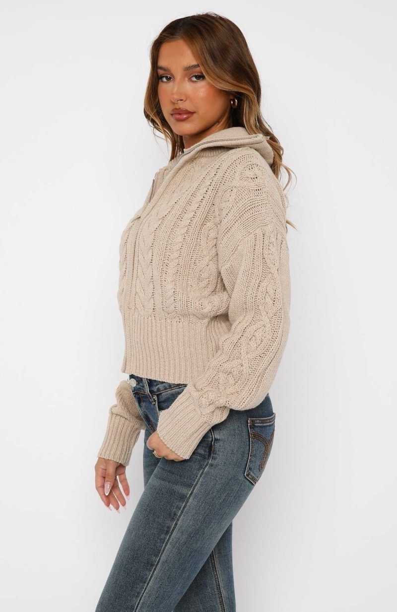 White Fox All At Once Zip Front Knit Sweater Oat | GOBTLD-863