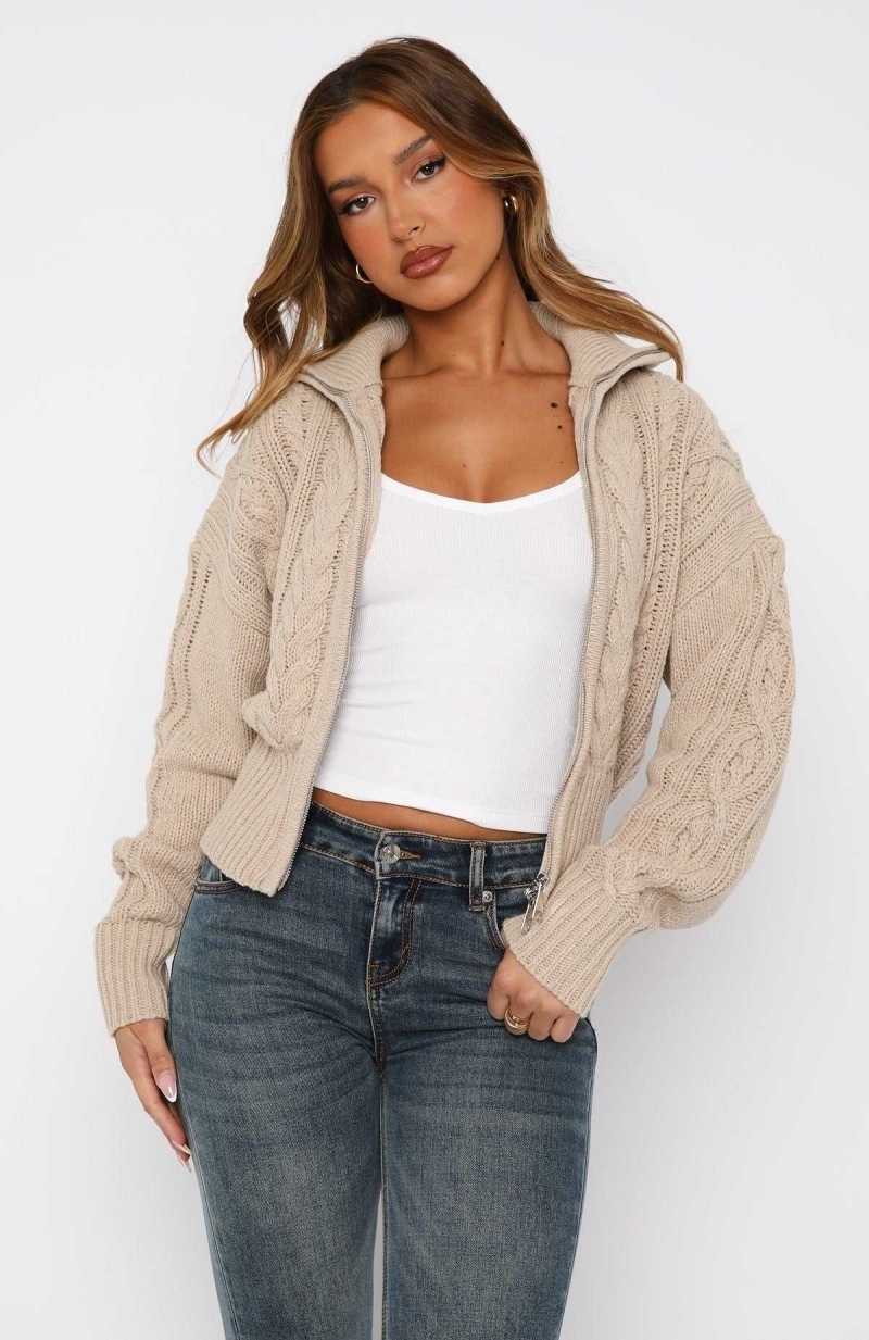 White Fox All At Once Zip Front Knit Sweater Oat | GOBTLD-863