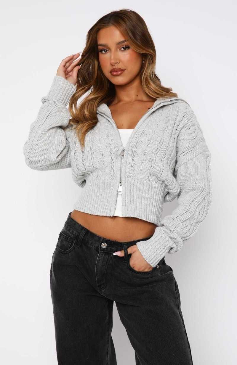 White Fox All At Once Zip Front Knit Sweater Grey Marle | DHSZRG-124