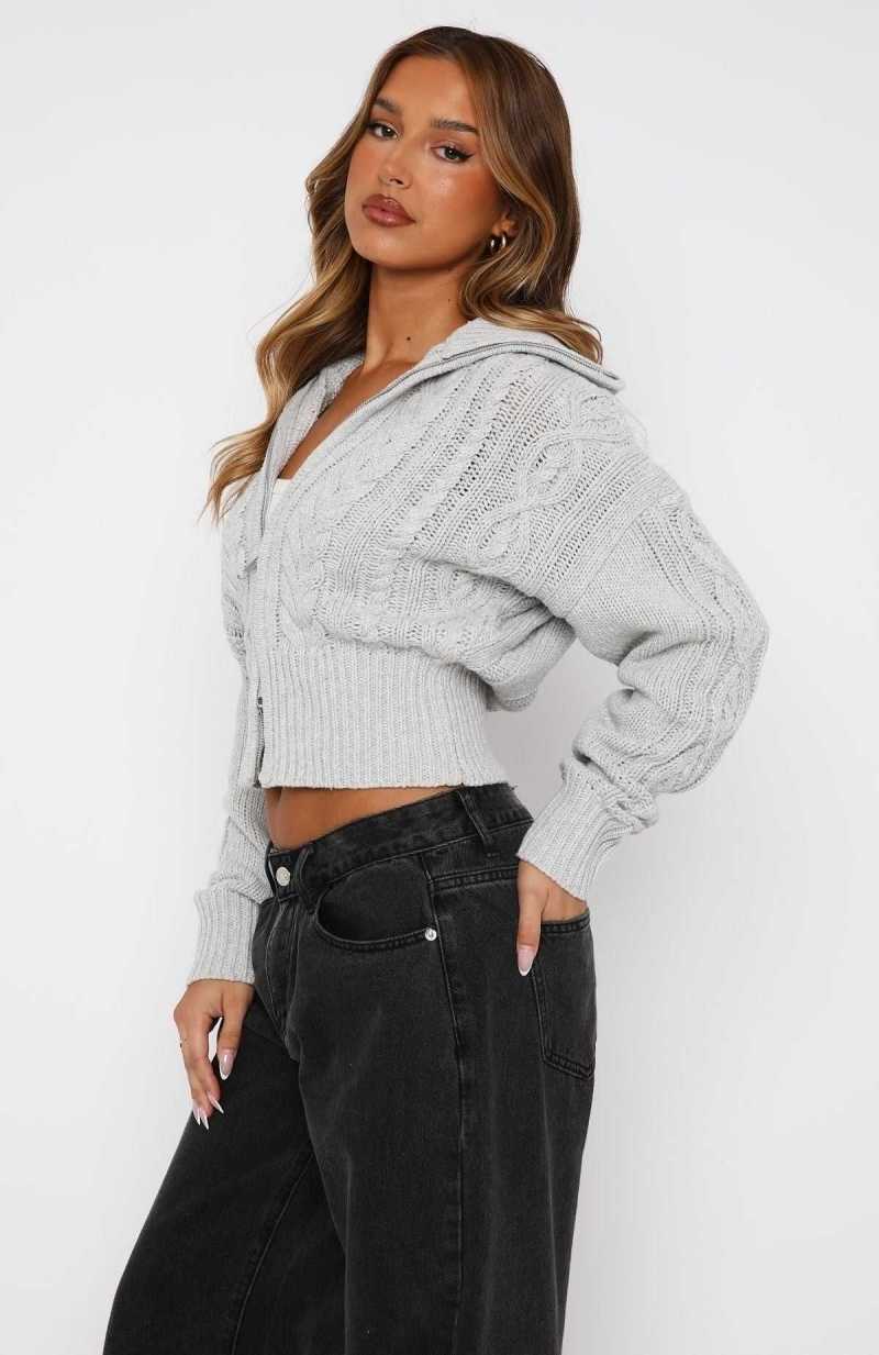 White Fox All At Once Zip Front Knit Sweater Grey Marle | DHSZRG-124