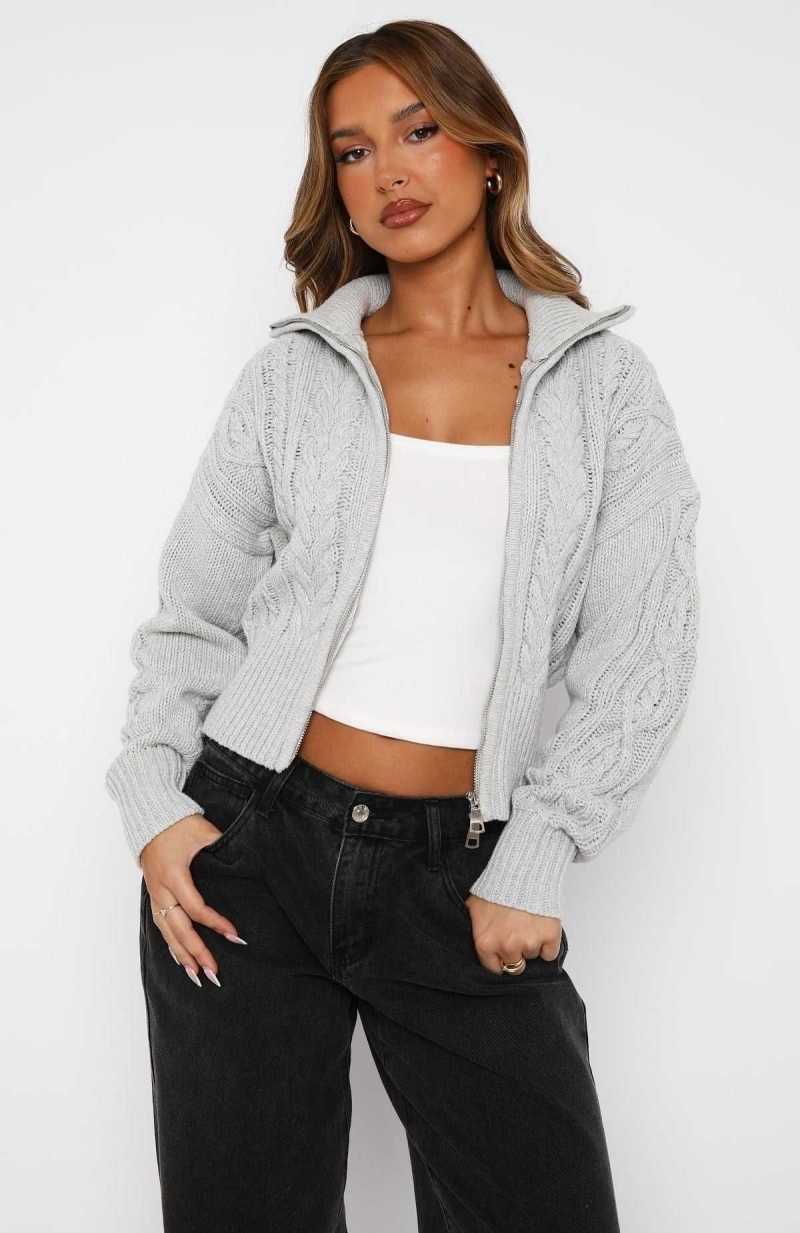 White Fox All At Once Zip Front Knit Sweater Grey Marle | DHSZRG-124