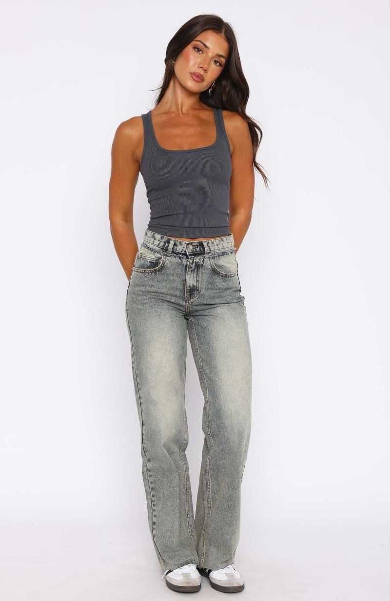 White Fox All Types Mid Rise Straight Leg Jeans Sand | XFMAIH-695