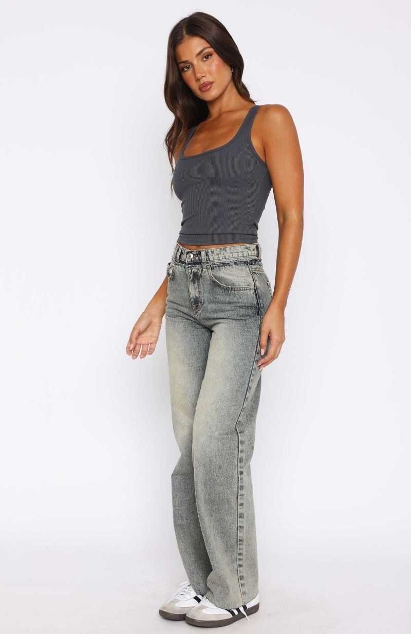 White Fox All Types Mid Rise Straight Leg Jeans Sand | XFMAIH-695