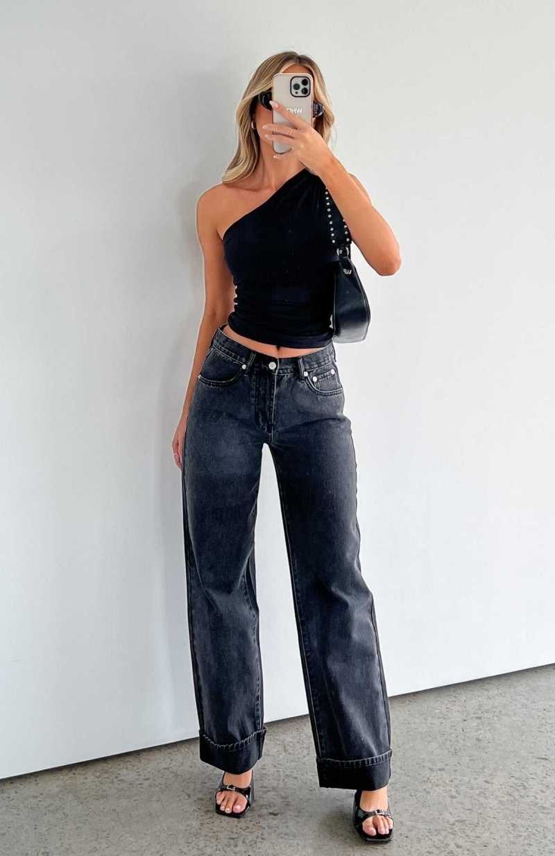 White Fox Always Be Yourself Low Rise Straight Leg Jeans Black Acid Wash | JEFWQX-364