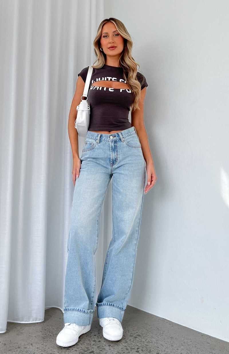 White Fox Always Be Yourself Low Rise Straight Leg Jeans Light Blue Wash | HKXUZC-548