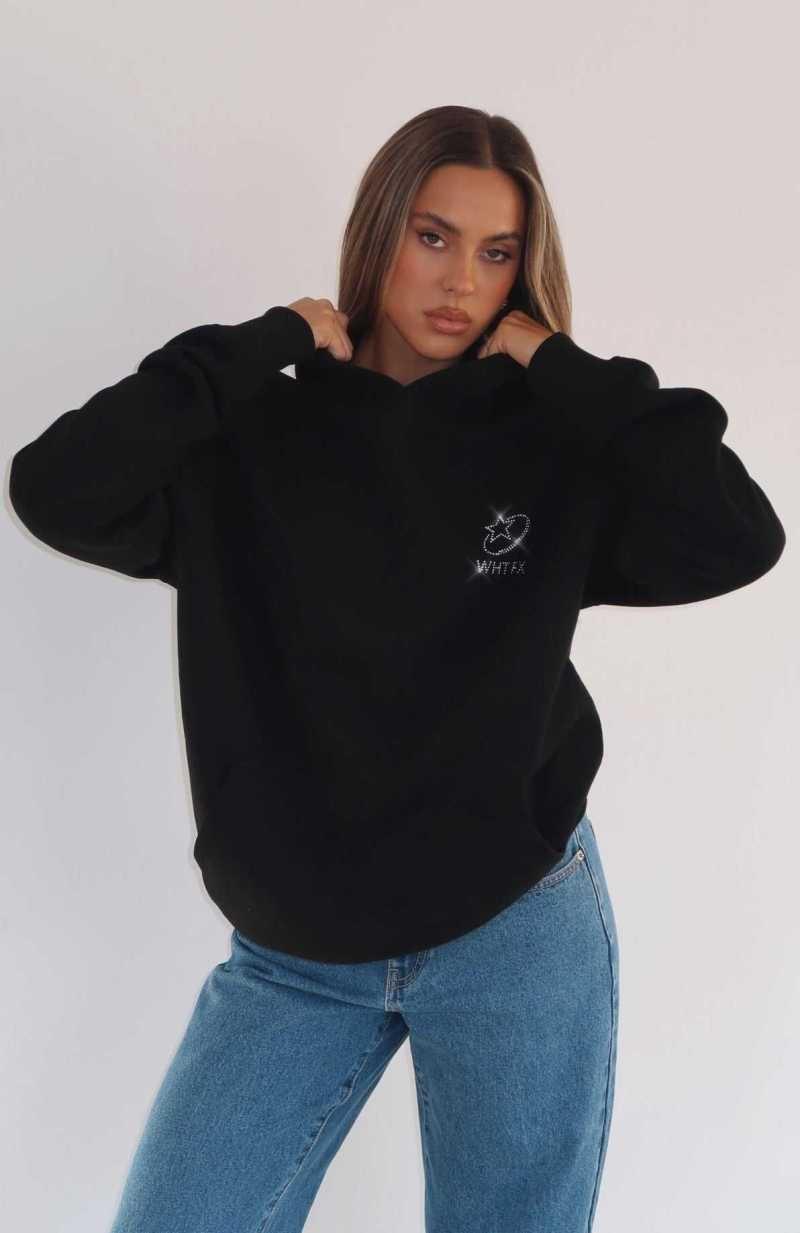 White Fox Always Shining Oversized Hoodie Black | HMKVUZ-317