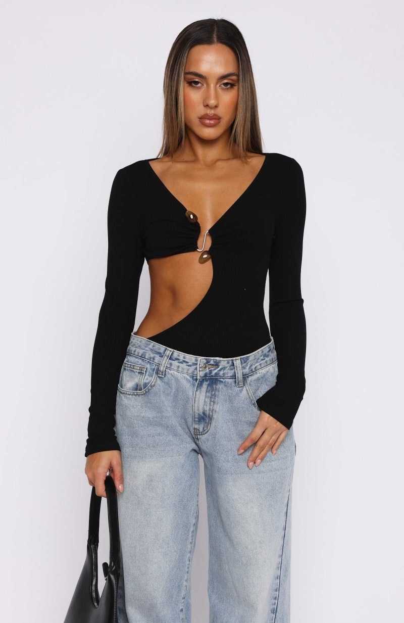 White Fox Baby Please Long Sleeve Bodysuit Black | XKOMQD-453