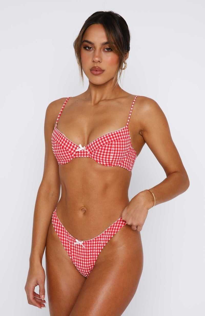 White Fox Beachside Bikini Top Red Gingham | HLSEOU-031