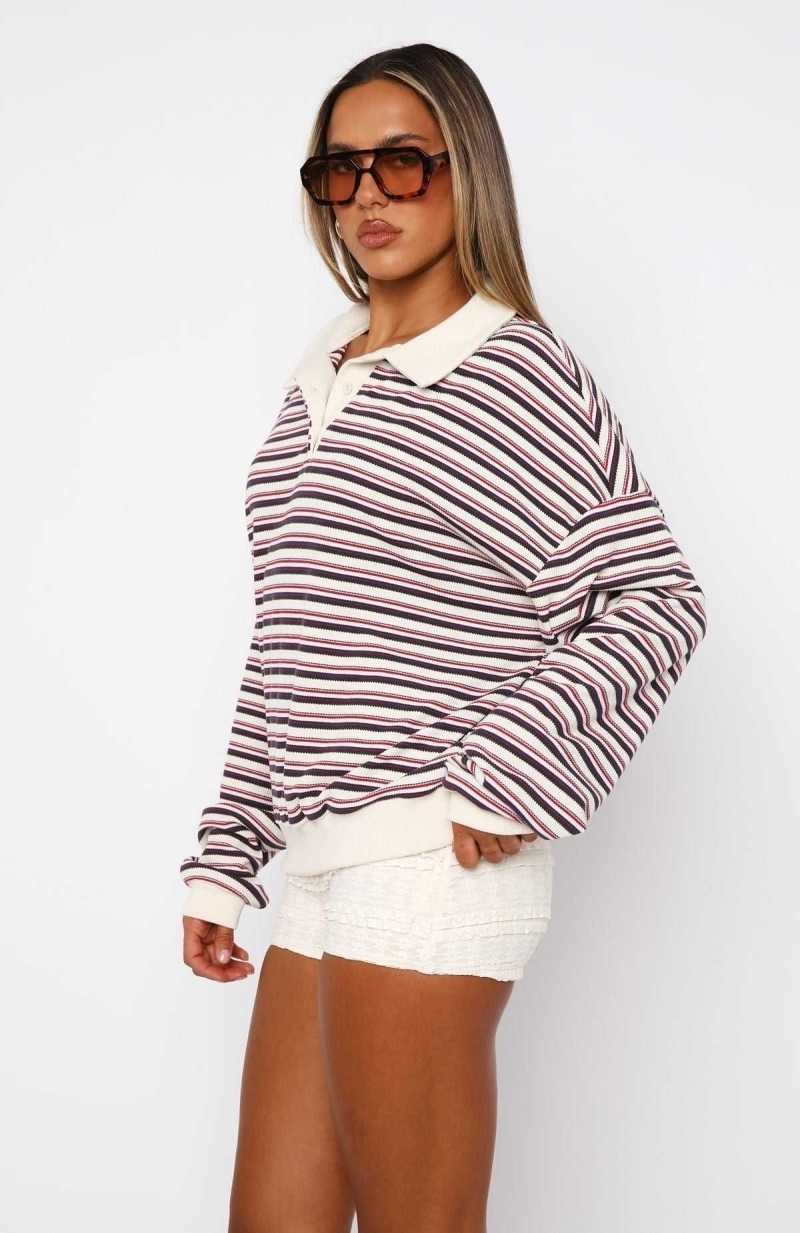 White Fox Behind Your Back Long Sleeve Rugby Shirt Red Stripe | IYPJDF-176