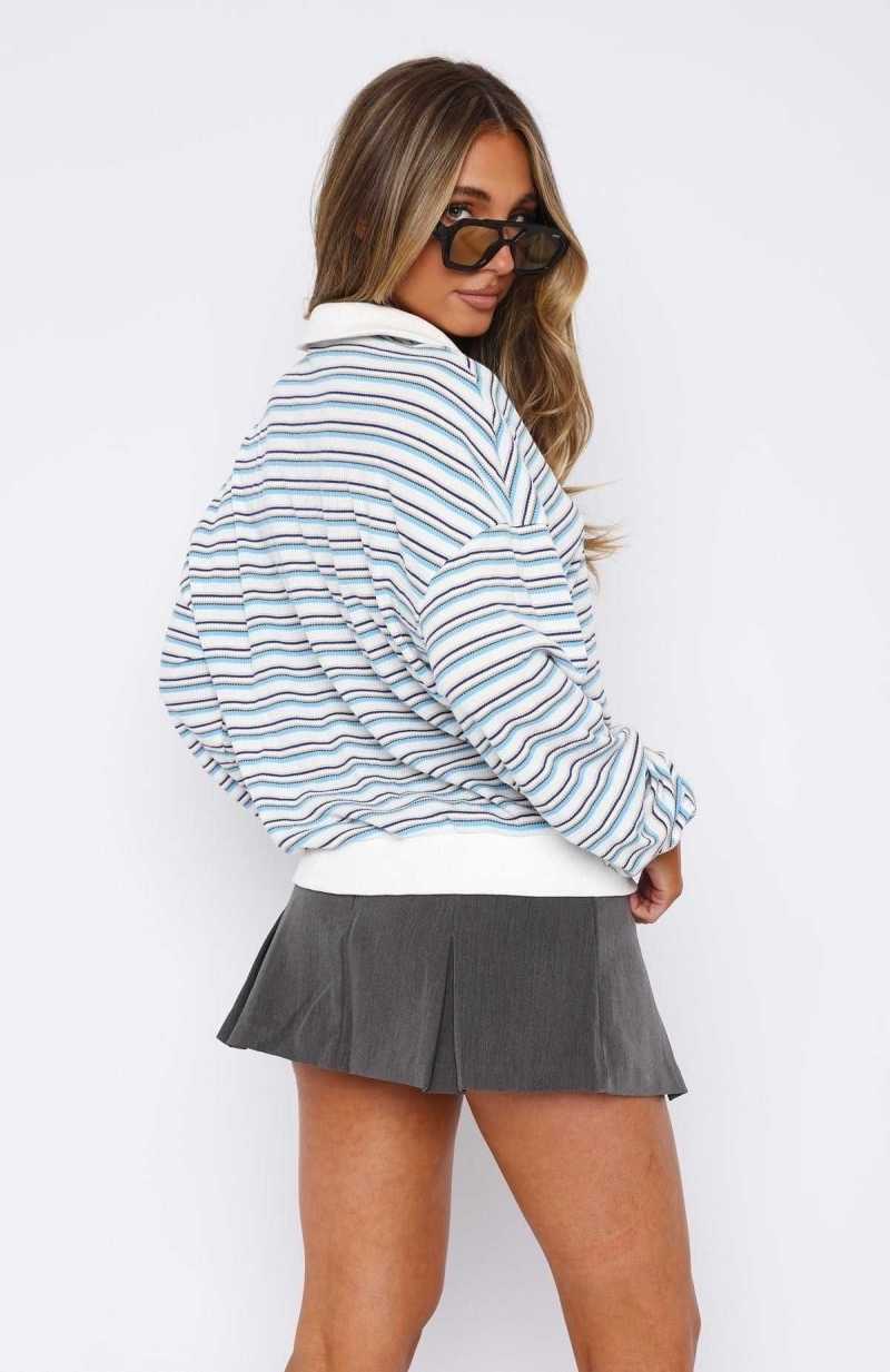 White Fox Behind Your Back Long Sleeve Rugby Shirt Blue Stripe | UTPRKF-069