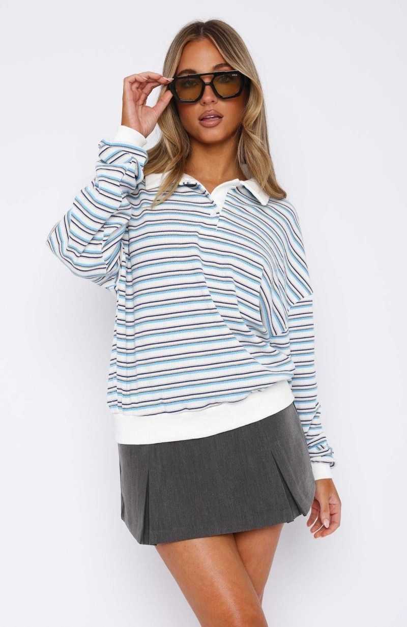 White Fox Behind Your Back Long Sleeve Rugby Shirt Blue Stripe | UTPRKF-069
