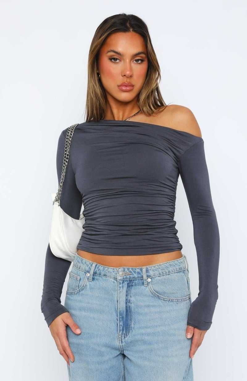 White Fox Best Of Luck Long Sleeve Top Charcoal | BOZKLR-759