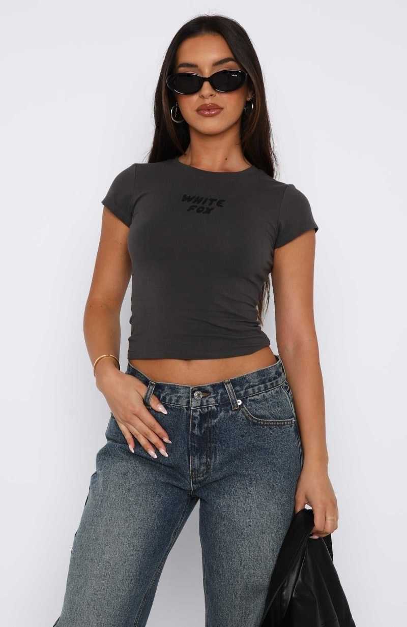 White Fox Break The Records Baby Tee Charcoal | DBIJAW-739
