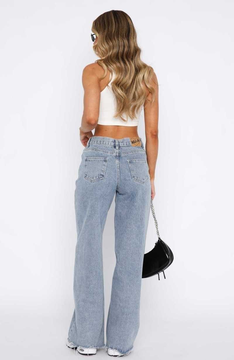 White Fox Call You Mine Mid Rise Wide Leg Jeans Mid Blue | AHWZNT-637