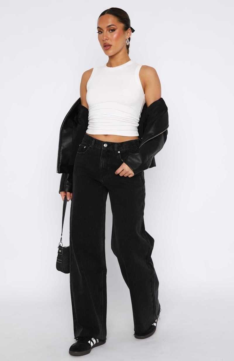 White Fox Call You Mine Mid Rise Wide Leg Jeans Washed Black | DMLQAE-708