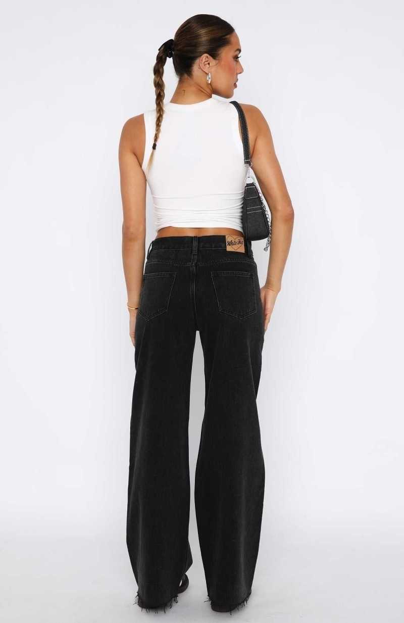 White Fox Call You Mine Mid Rise Wide Leg Jeans Washed Black | DMLQAE-708