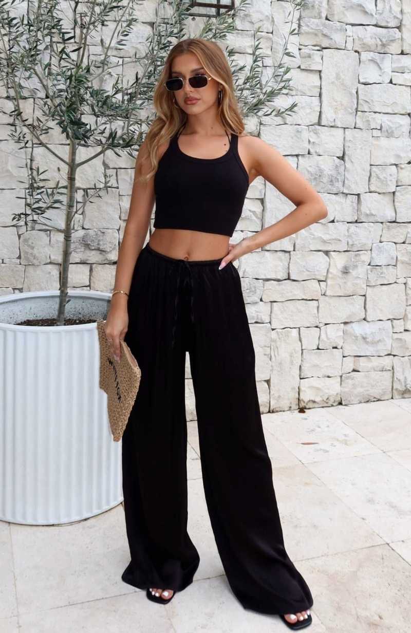 White Fox Catching Up Wide Leg Pants Black | AGQSKF-846