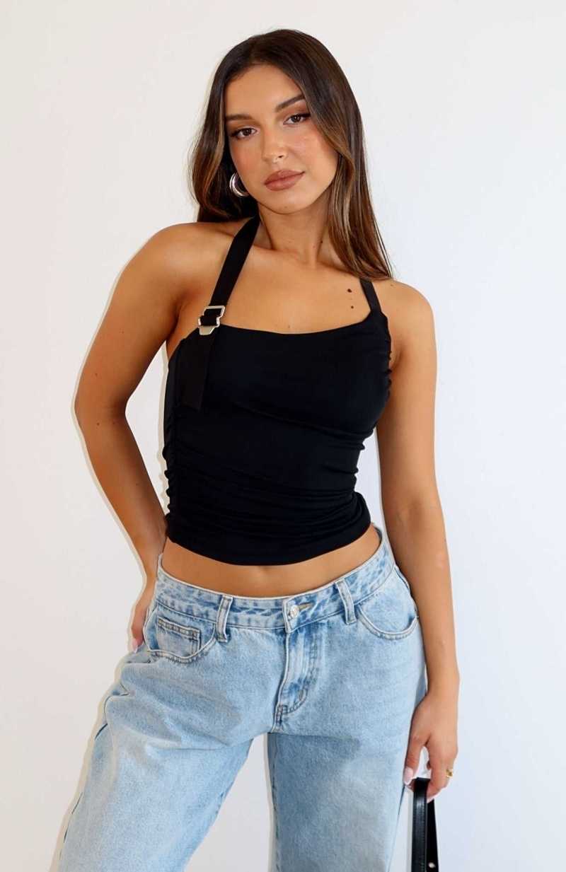 White Fox Chaos And Charm Halter Top Black | SHWEVP-563