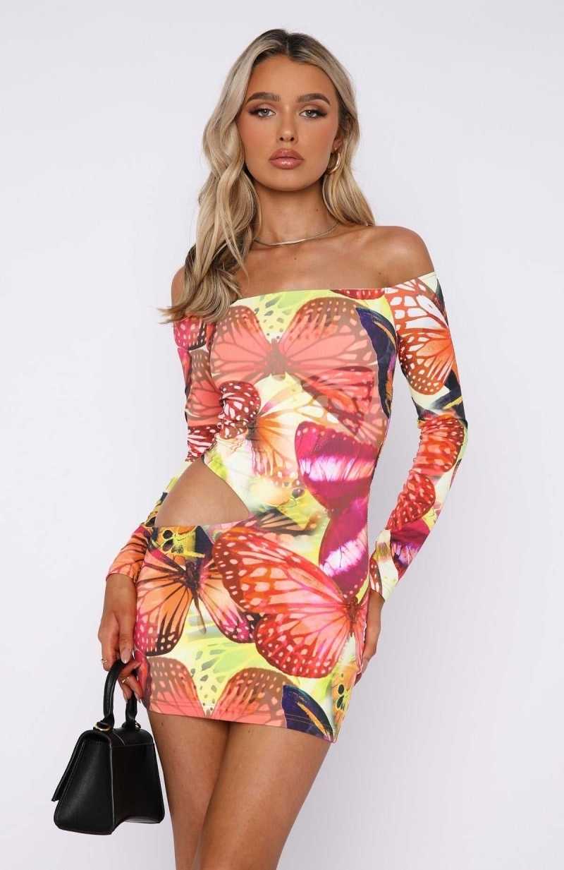 White Fox City Girl Long Sleeve Mini Dress Sunset Monarch | WHZXRL-720