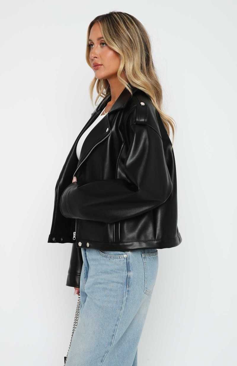 White Fox City Is Mine PU Biker Jacket Black | WGOVXH-879
