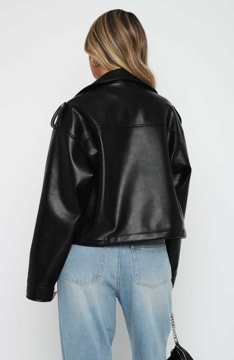 White Fox City Is Mine PU Biker Jacket Black | WGOVXH-879