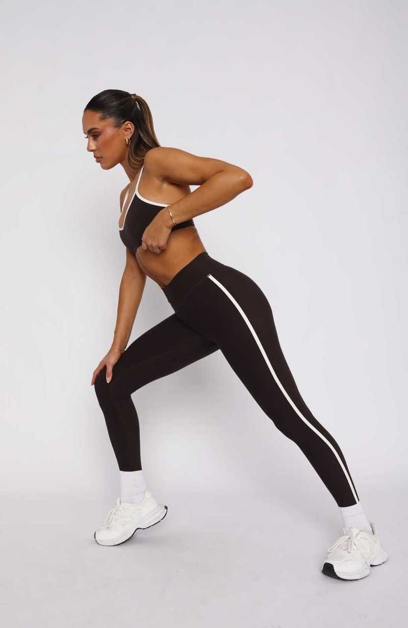 White Fox Core Workout High Waisted Leggings Espresso/Cream | HJGOCZ-821