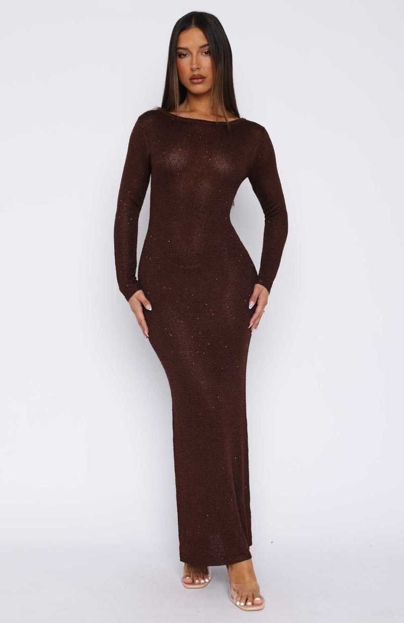 White Fox Divine Timing Long Sleeve Sequin Knit Maxi Dress Chocolate | NBORZC-156
