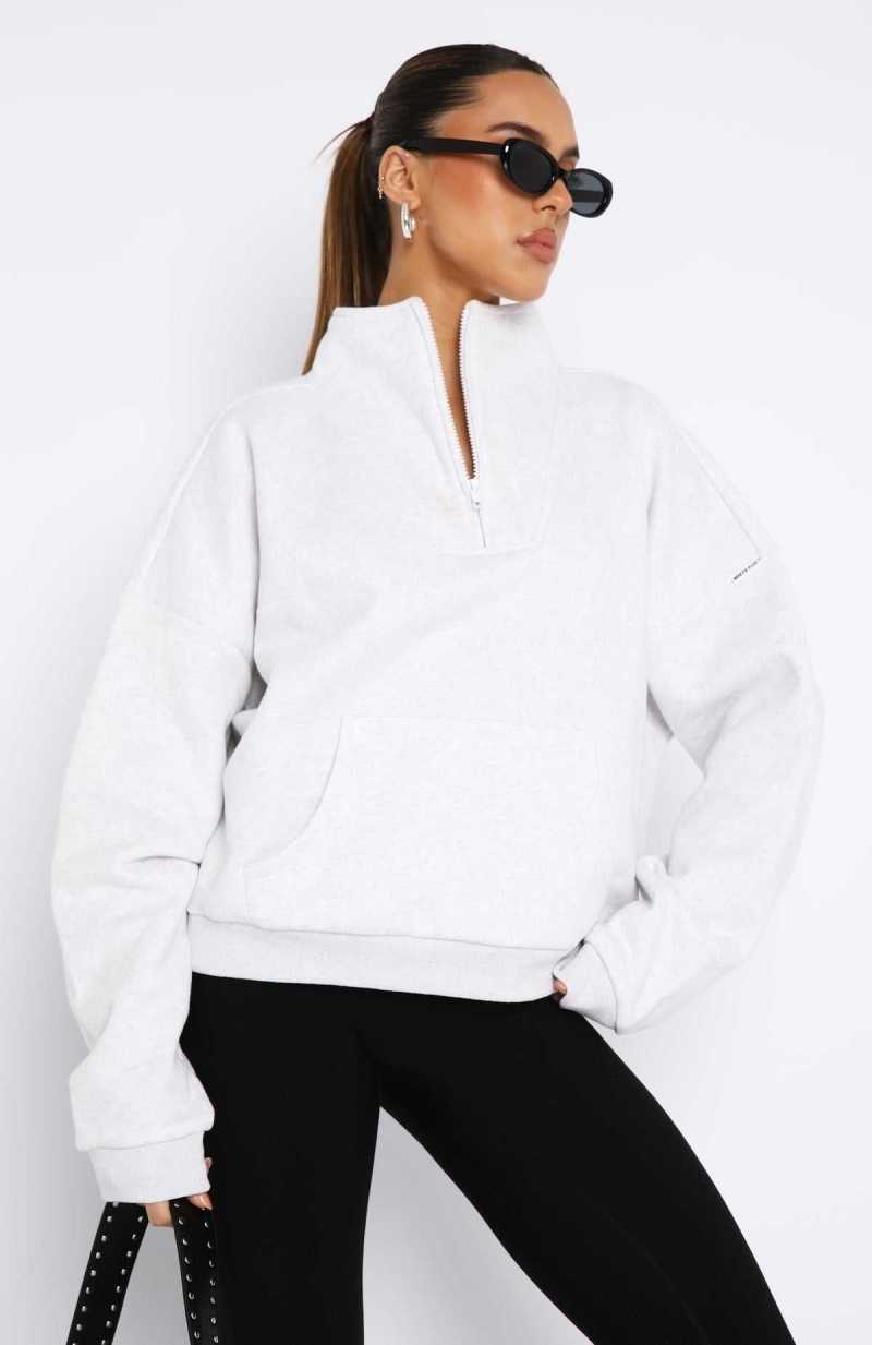 White Fox Doing It For You Zip Front Sweater Grey Marle | NZKBWH-403