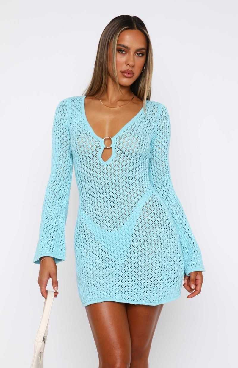 White Fox Dream State Long Sleeve Mini Dress Malibu Blue | PJKMFD-560