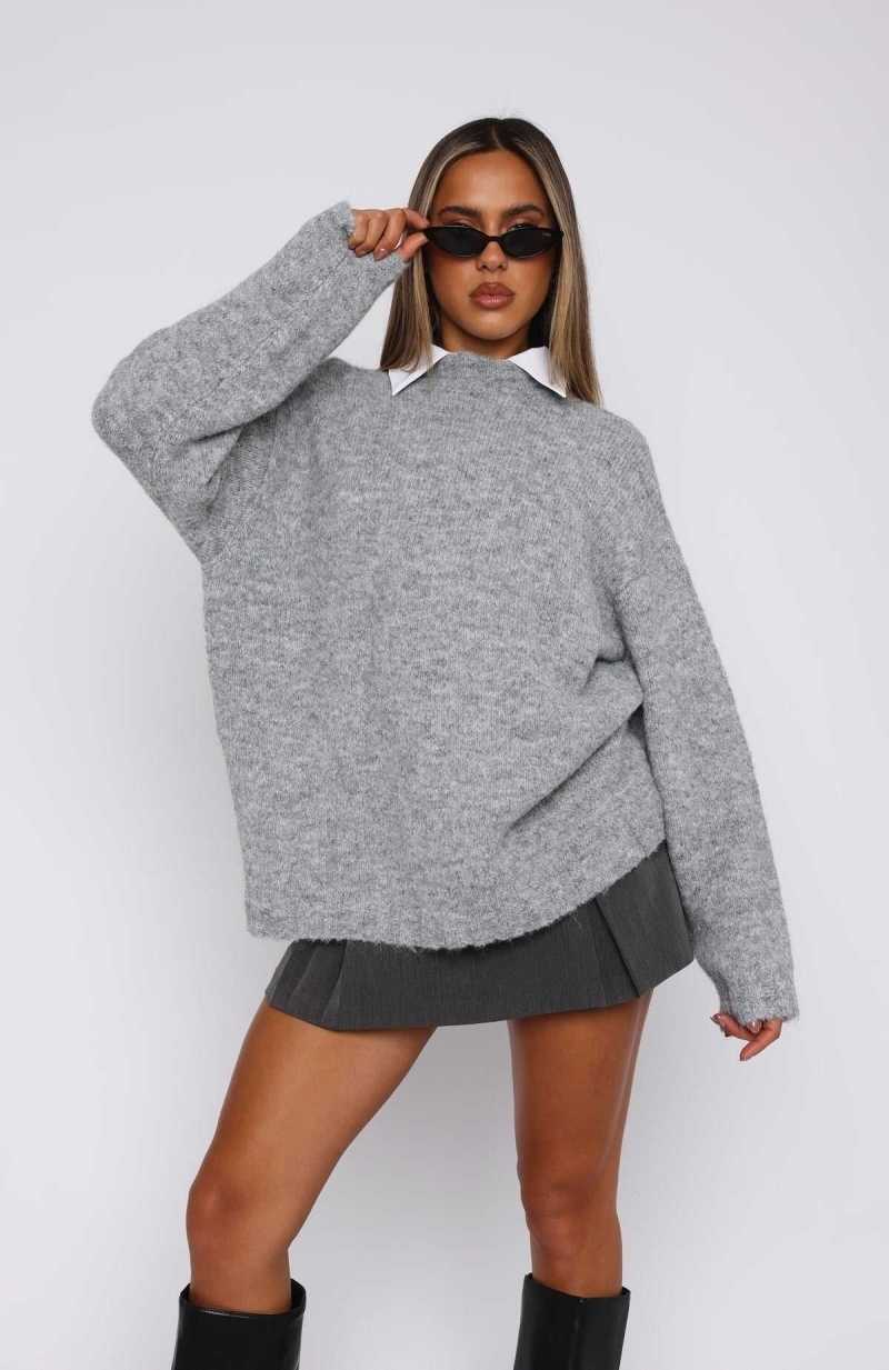 White Fox Everyone Wins Oversized Knit Sweater Grey | IHPKCS-314