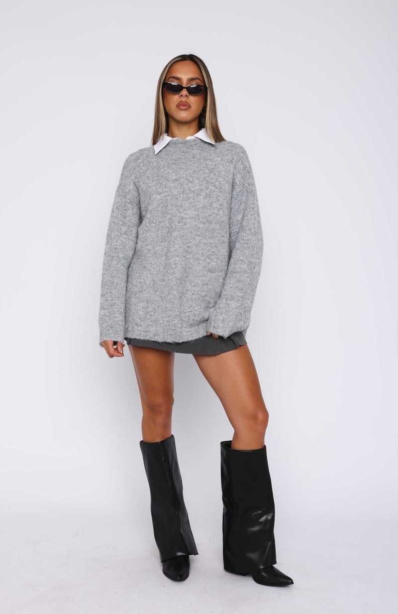 White Fox Everyone Wins Oversized Knit Sweater Grey | IHPKCS-314