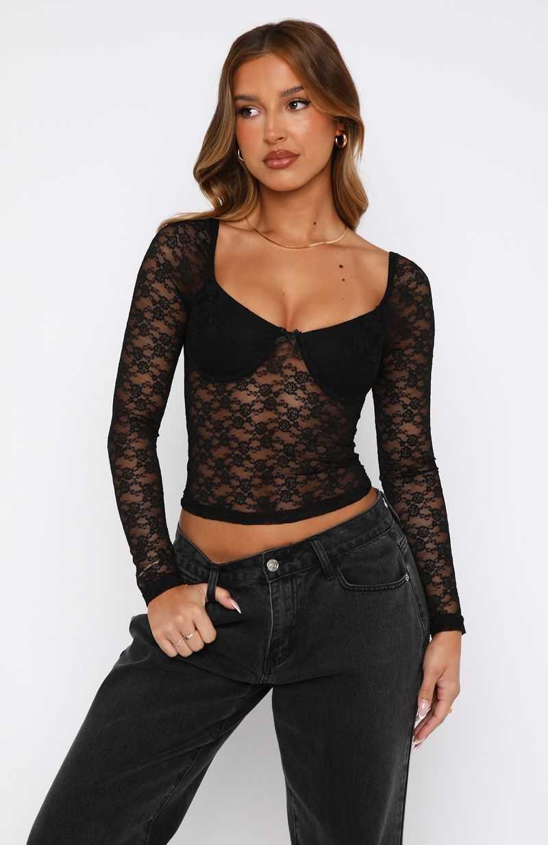 White Fox Everything To You Lace Long Sleeve Top Black | NPIDCO-597