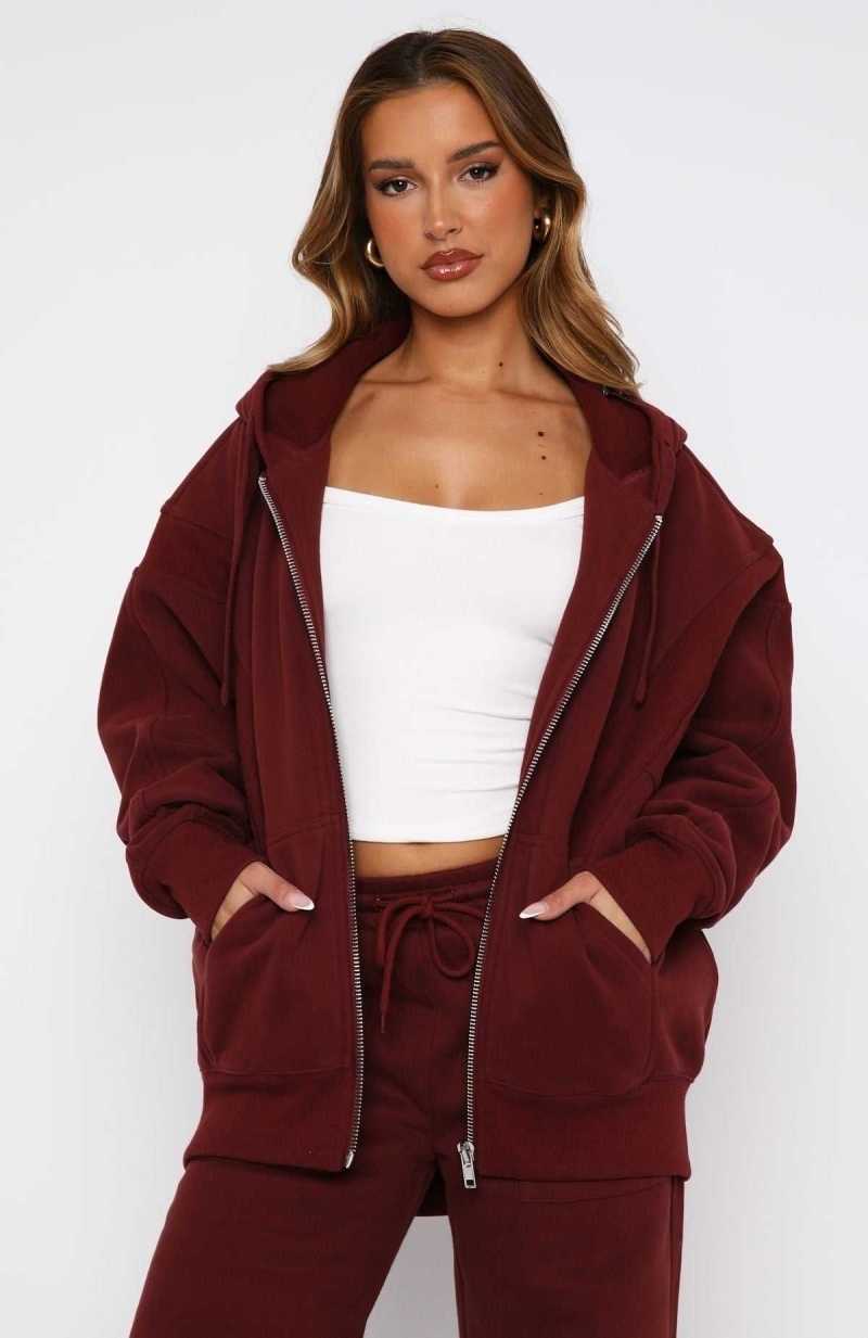 White Fox Everything You Want Zip Front Hoodie Merlot | IUOKBF-469