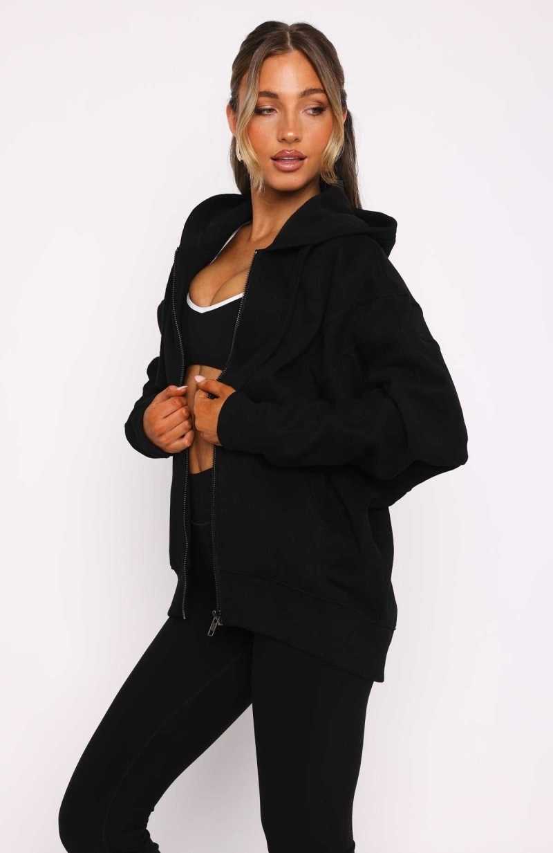 White Fox Everything You Want Zip Front Hoodie Black | QXHDOW-541