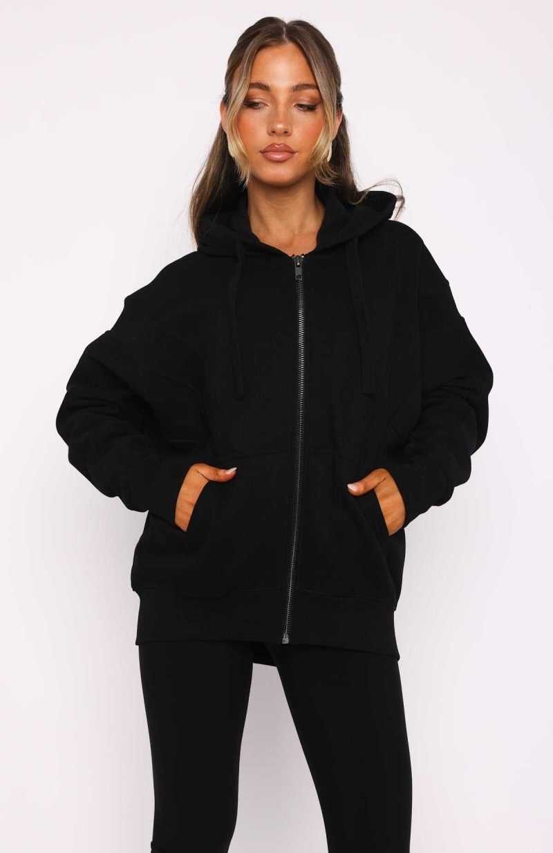 White Fox Everything You Want Zip Front Hoodie Black | QXHDOW-541