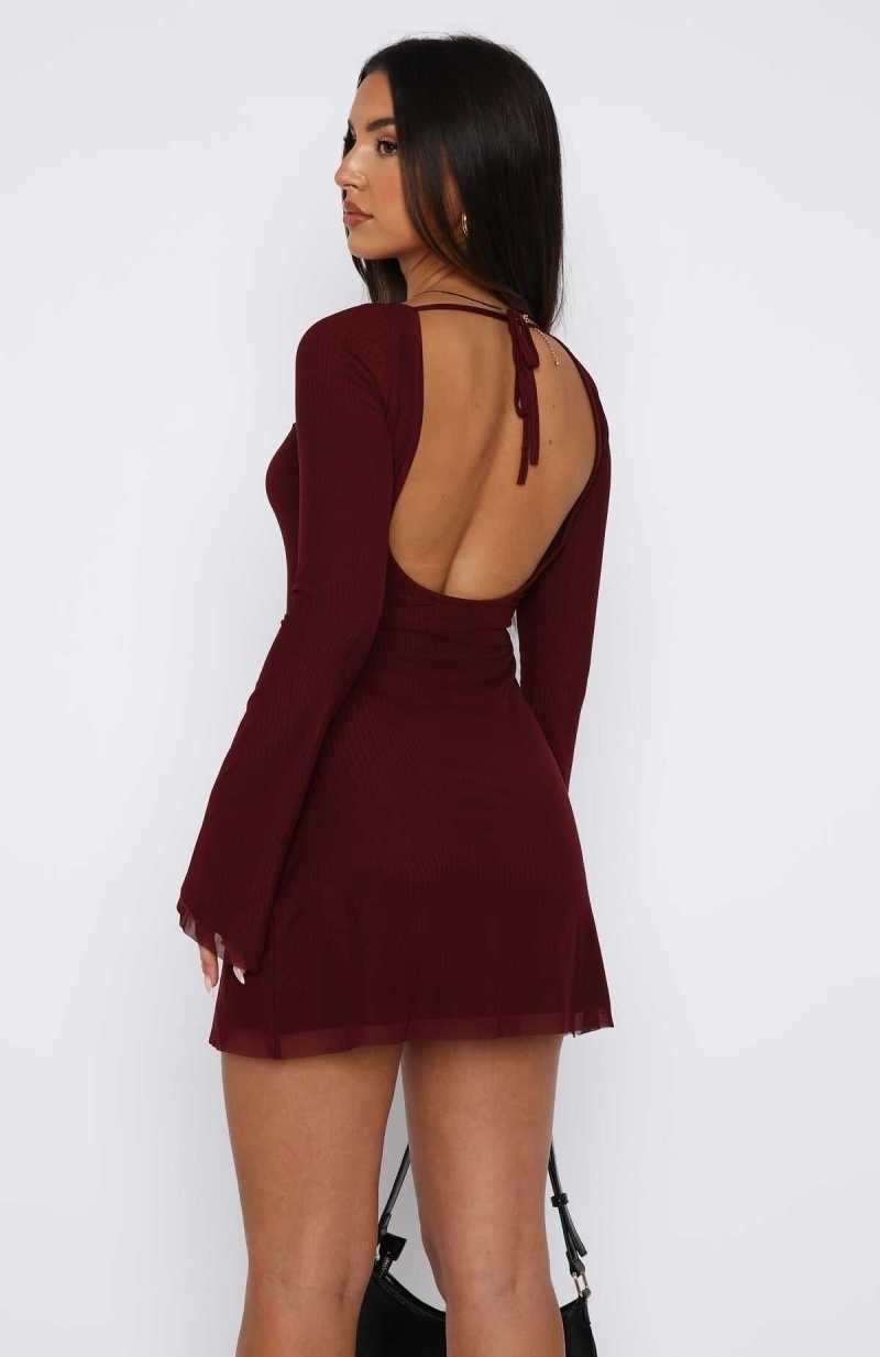 White Fox Excuse Me Miss Long Sleeve Mini Dress Wine | VCWRIF-981