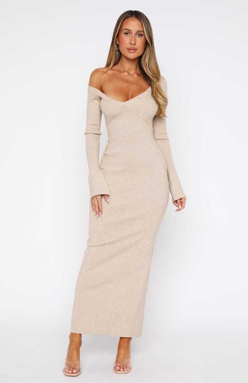 White Fox Fall On Me Long Sleeve Maxi Dress Beige | XGEHKP-921
