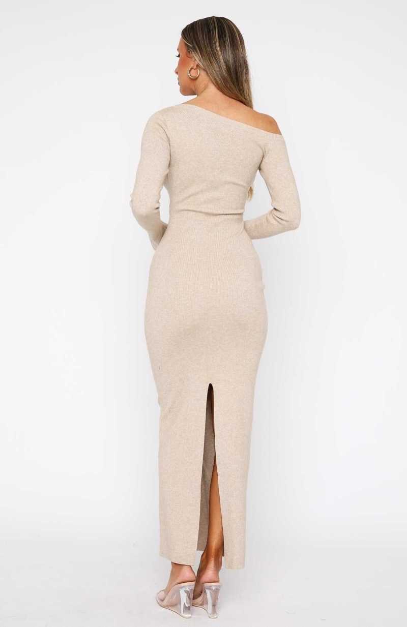 White Fox Fall On Me Long Sleeve Maxi Dress Beige | XGEHKP-921
